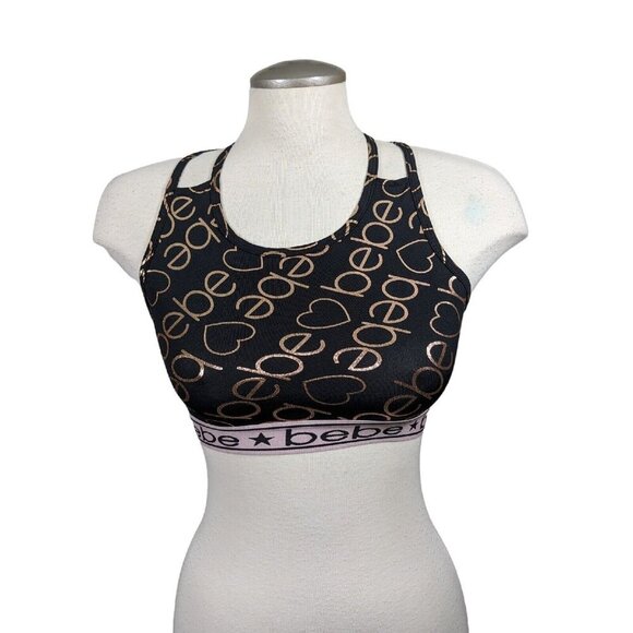 Bebe Bralette Size M 10 12 Black Strappy Back Metallic Gold Logo All Over Print - Picture 1 of 4